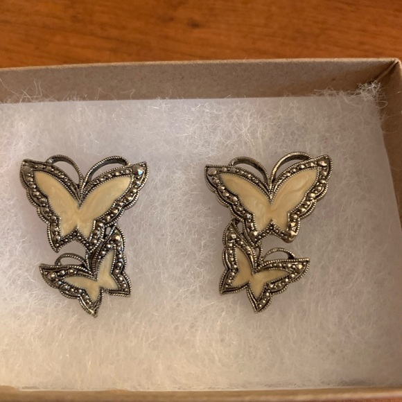 Silver and Cream Double Butterfly Earrings - Picture 1 of 1